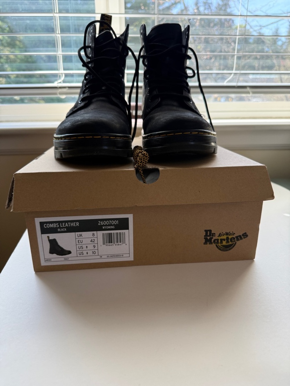 Dr. Martens Black Leather Lace-Up Combat Boots with Yellow Stitching